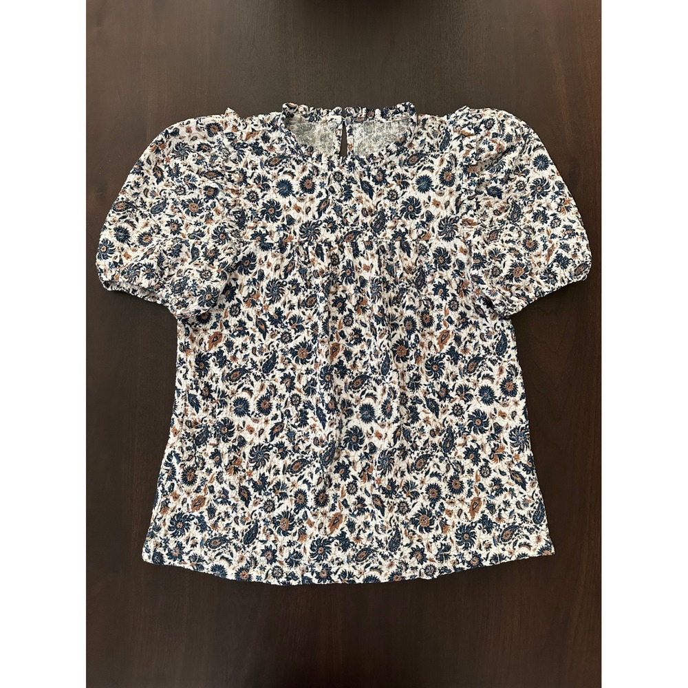 Floral Puff Sleeve Blouse Navy Rust Paisley Ruffle Neck Seersucker Top